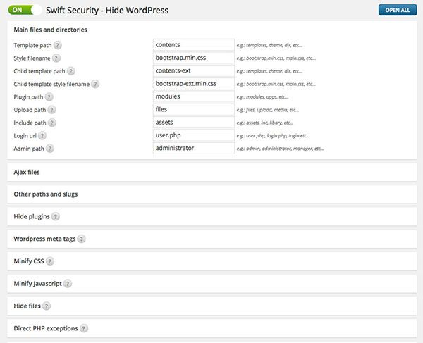 masquer le module wordpress dans la sécurité rapide