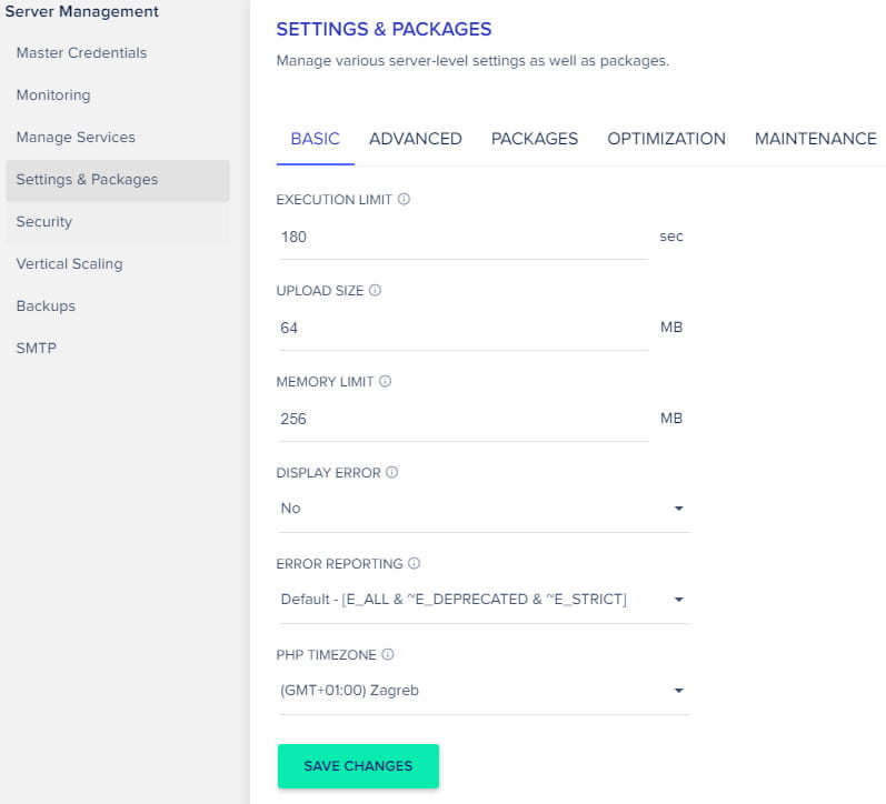 Options de l'onglet Paramètres et packages de Cloudways.