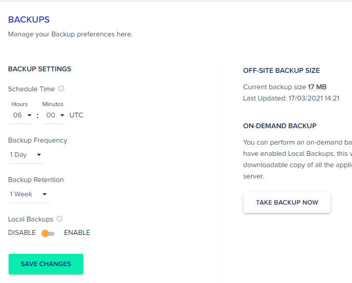 Options de sauvegarde Cloudways.