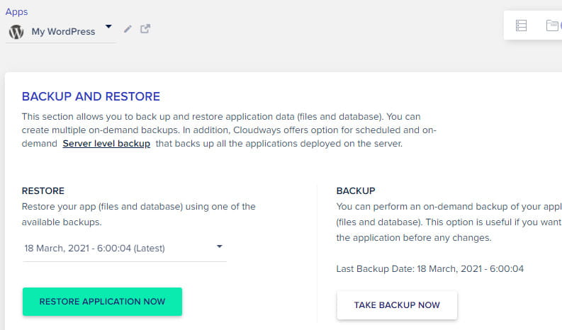 Vous pouvez facilement restaurer la sauvegarde Cloudways.