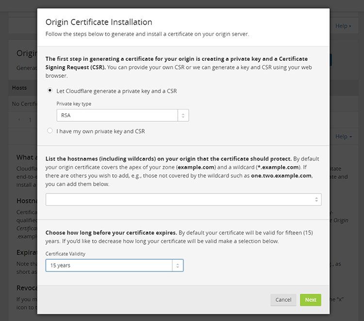 Certificats d'origine gratuits Cloudflare