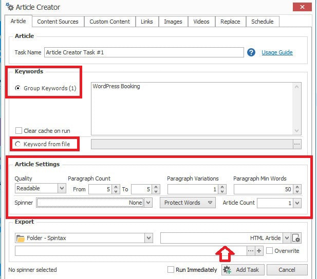 paramètres d'article de machine de contenu de référencement