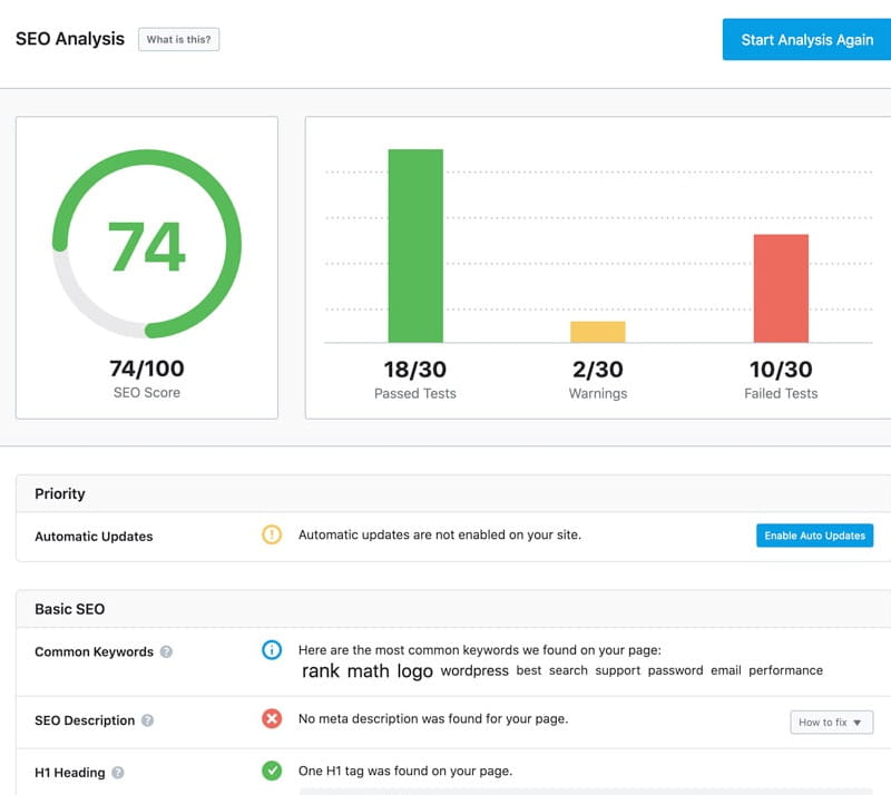 Fonction d'analyse SEO de Rank Math.