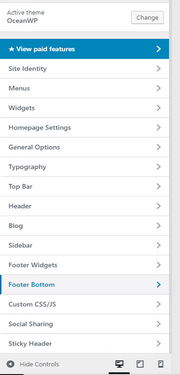 modification du thème oceanwp à l'aide du personnalisateur de thème wordpress