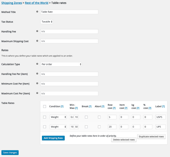 taux de table plugin d'expédition woocommerce