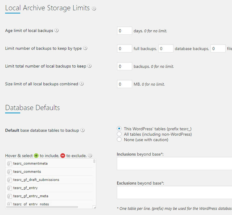 limites de stockage des archives locales