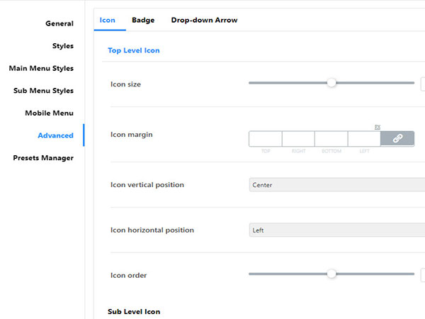 configurações avançadas do menu jet