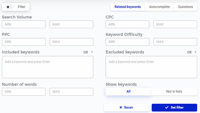 filtrar resultados de pesquisa kwfinder