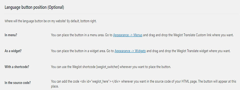paramètres de position des boutons de langue weglot wordpress