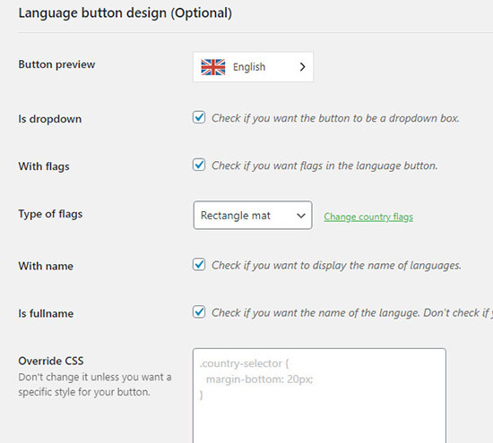 paramètres de conception des boutons de langue weglot wordpress