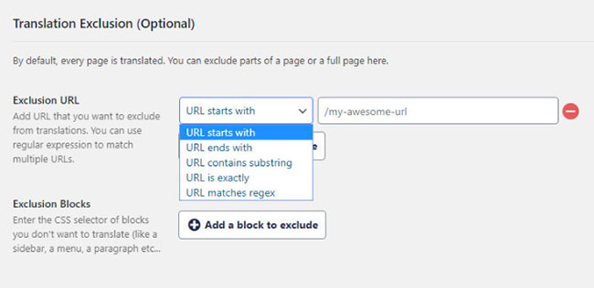 paramètres d'exclusion de traduction weglot wordpress