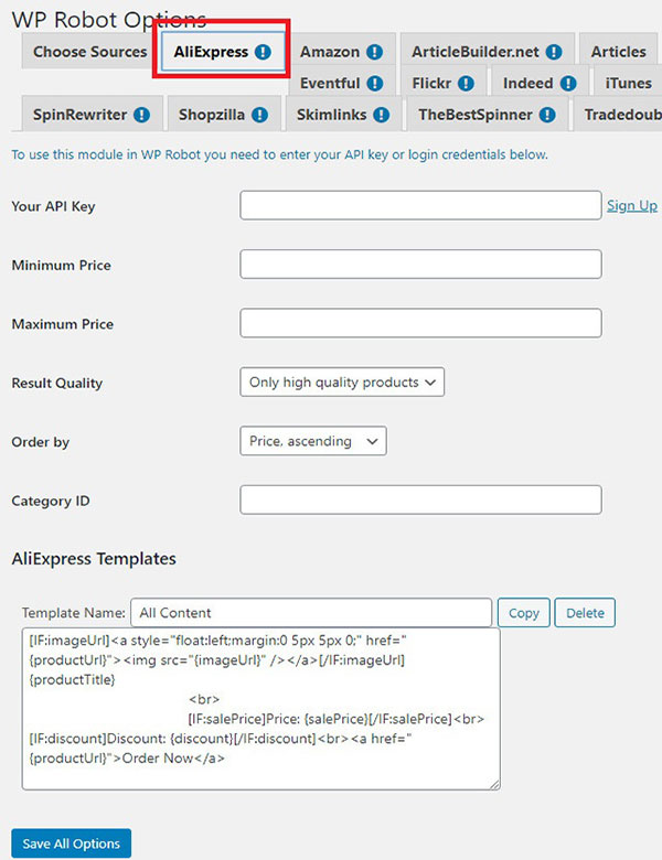 paramètres de source de contenu