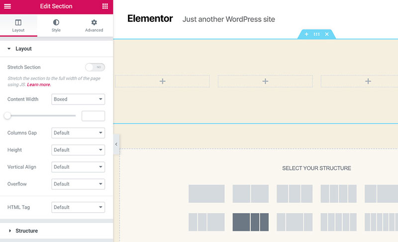 Exemple d'éditeur d'interface Elementor