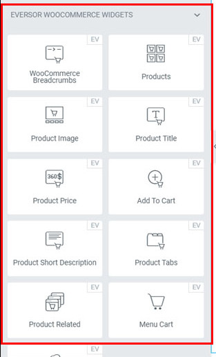 Widgets prontos para WooCommerce de tema Everse para Elementor.