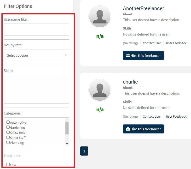 Puteți filtra freelanceri pe baza unor criterii specifice.