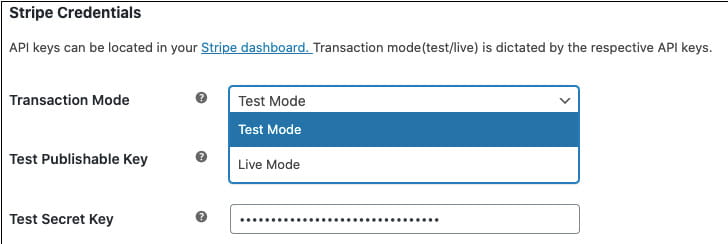 ストライプテストとライブモードを簡単に切り替えることができます。