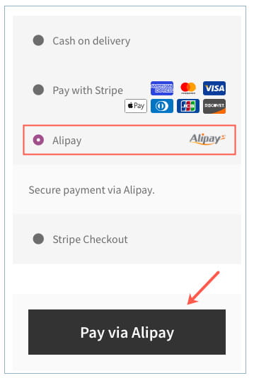 Stripe AlipayWooCommerceチェックアウト。