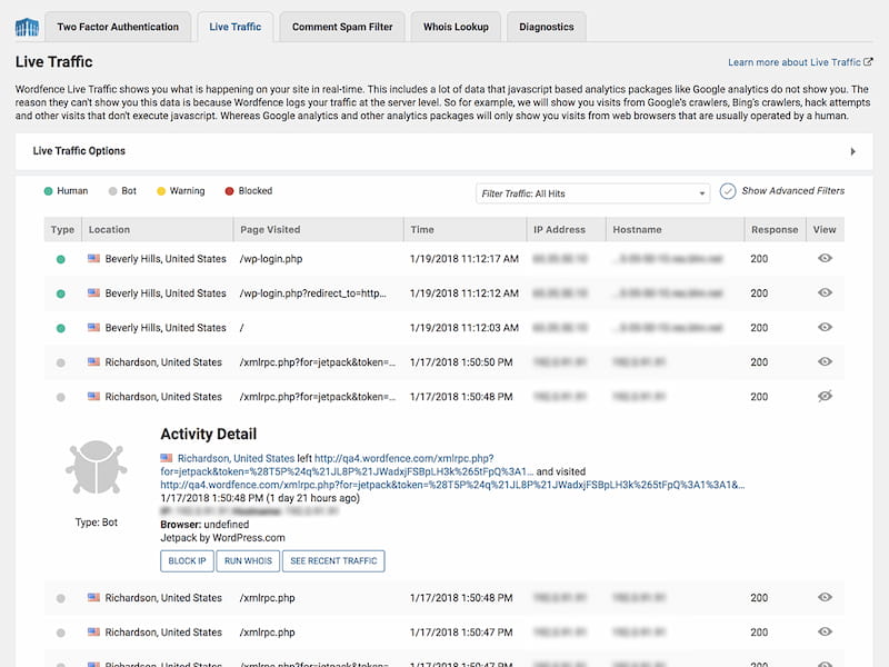 Überwachen Sie den Live-Verkehr mit Wordfence.