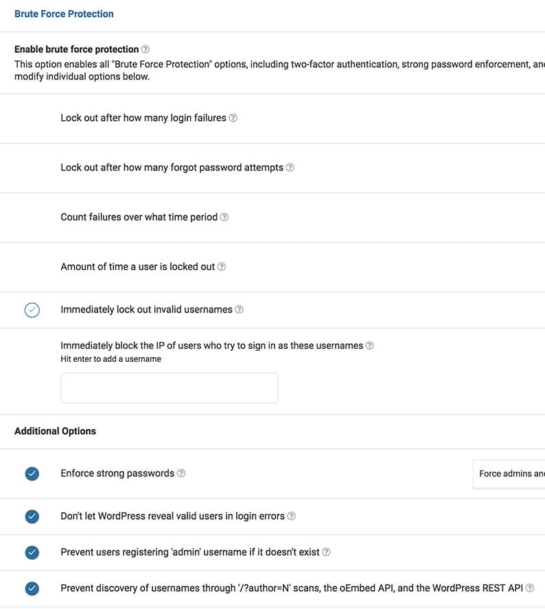 Wordfence Brute-Force-Schutzoptionen.