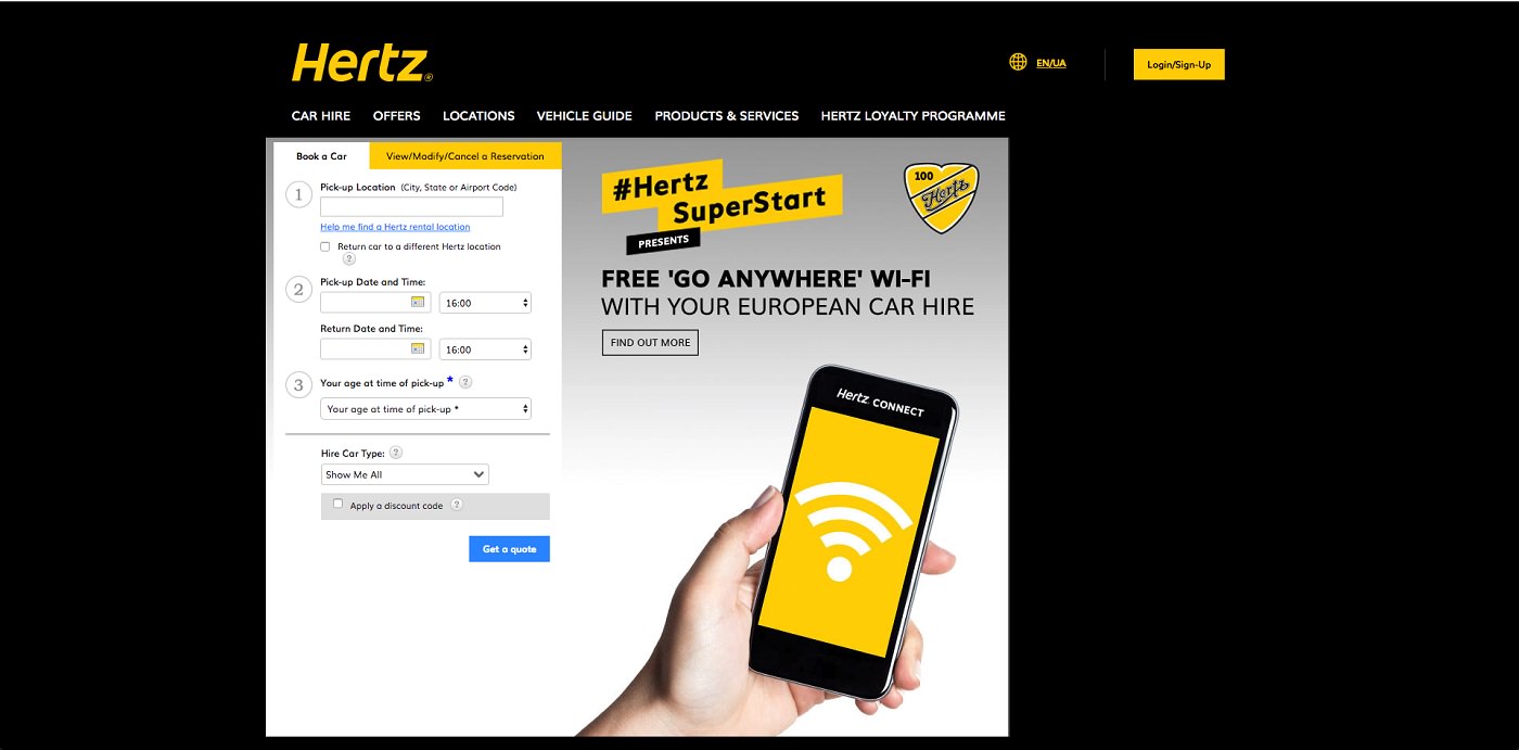 Приложение по аренде автомобилей Hertz