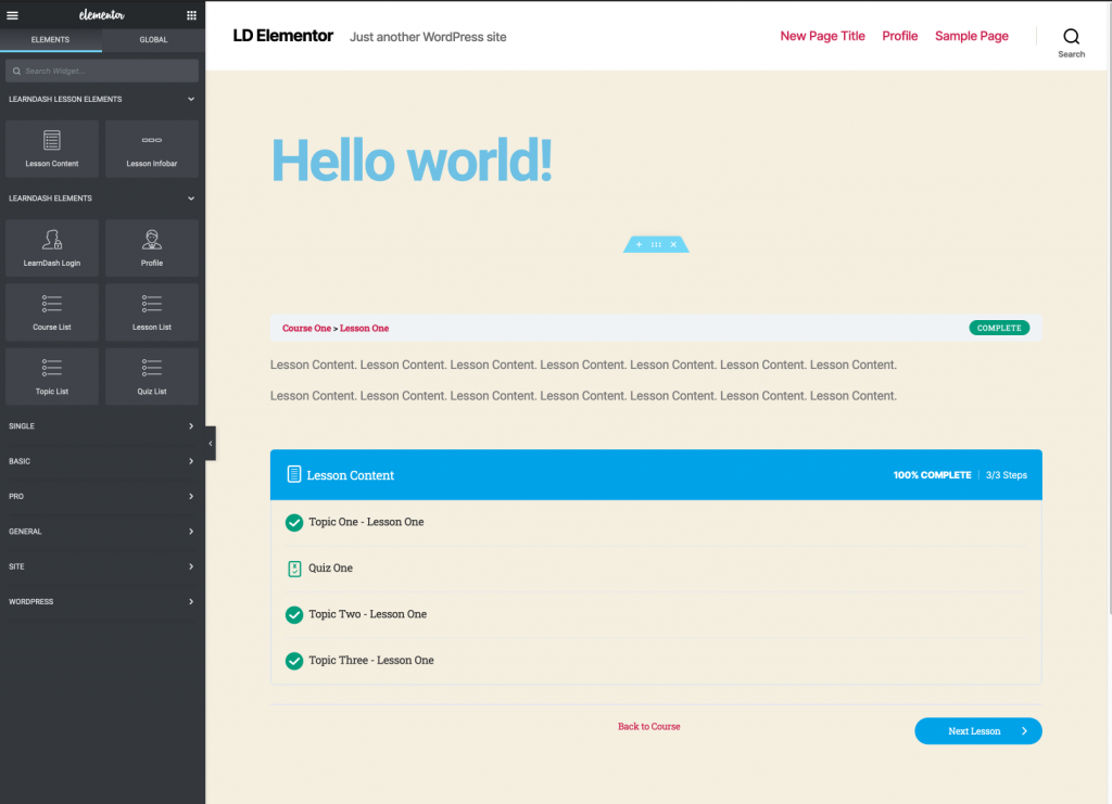 ElementorのLearnDashレッスンテンプレートのプレビュー