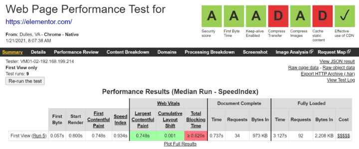 webpagetest-speed-test-results