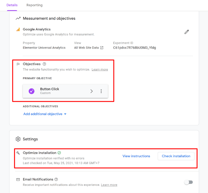 creați-google-optimize-experiență-6-obiectiv-și-diagnostic