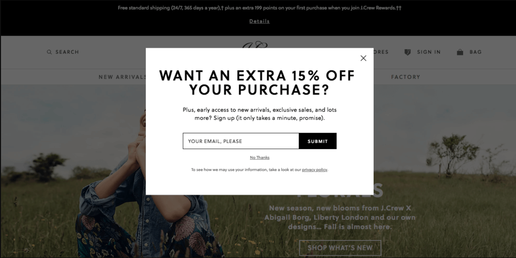 jcrew emailsubscribeプロモーションポップアップexit-intentポップアップ