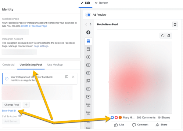 Facebook 有機廣告編輯器使用現有帖子 ID 和反應 Facebook 廣告