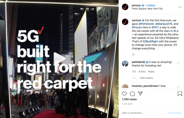 Verizon Instagram postou 5G certo para o tapete vermelho