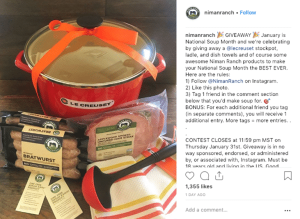 Instagram viraler Werbegeschenk-Post von der Niman Ranch mit Wurst-, Schinken- und Auflauf-Werbegeschenk