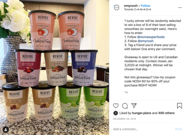 Instagram viraler Werbegeschenk-Post von O My Nosh mit verschiedenen Geschmacksrichtungen von Smoothy-Werbegeschenken