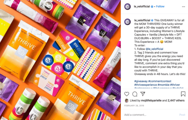 Viraler Instagram-Werbepost von Produkten und Geschenkkarten von Le-Vel Brands