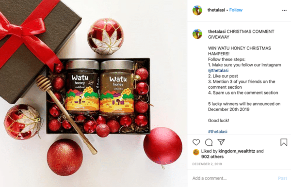 Viraler Instagram-Werbepost von Talasi mit roten Kugeln und Watu-Honigprodukt-Werbegeschenk