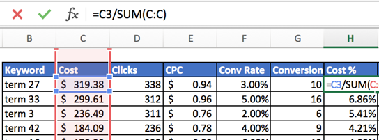 Calculando o custo total de cada palavra-chave