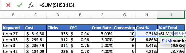 Calculando as percentagens somadas das contribuições totais cumulativas