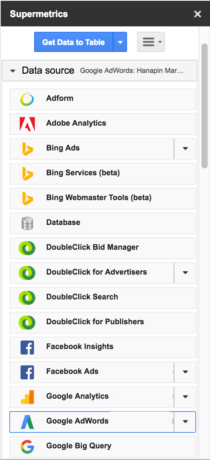 Menu da conta da Supermetrics