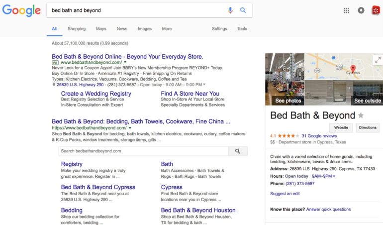 Bed Bath & Beyond نتائج البحث العضوية من Google