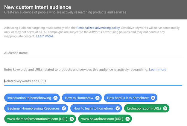 Custom Intent Audience für sehr einfache Keywords in der Forschungsphase