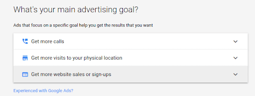 Ekran ustawień Google Ads do wyboru celu reklamowego, wyboru sprzedaży lub rejestracji