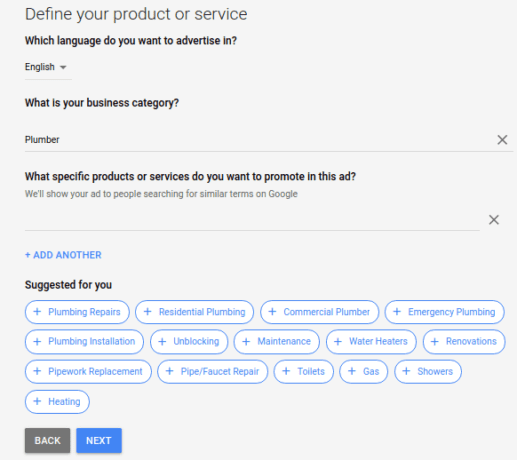 Google Ads definiuje ustawienia Twojego produktu lub usługi za pomocą sugestii Google