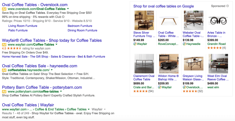 Google Ads Suchergebnisse ovaler Couchtisch