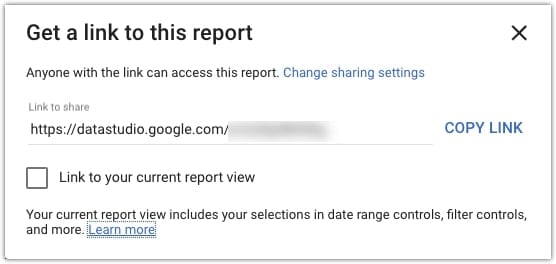 Google Data Studio erhält einen Link zu diesem Bericht