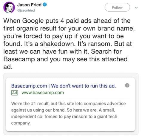 Jason Fried CEO Basecamp Tweet zu Marken-Keyword-Geboten