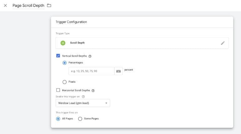 Trigger-Einstellungen für Google Tag Manager-Seitentiefe