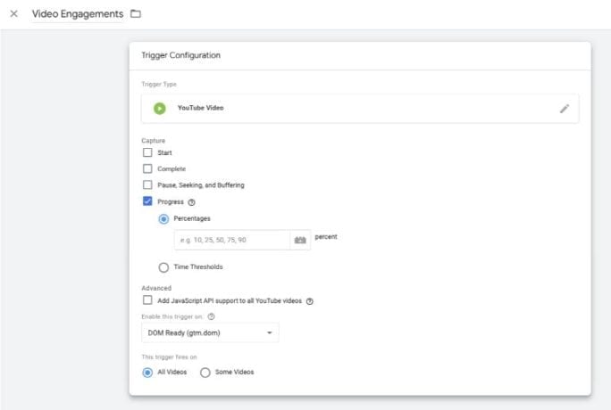 Trigger-Einstellungen für die YouTube-Videoansicht von Google Tag Manager