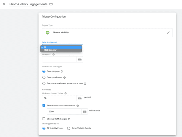 Trigger-Einstellungen für die Sichtbarkeit von Google Tag Manager-Elementen.