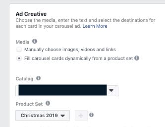 memilih katalog Anda di tingkat pembuatan iklan di kampanye konversi Facebook Anda