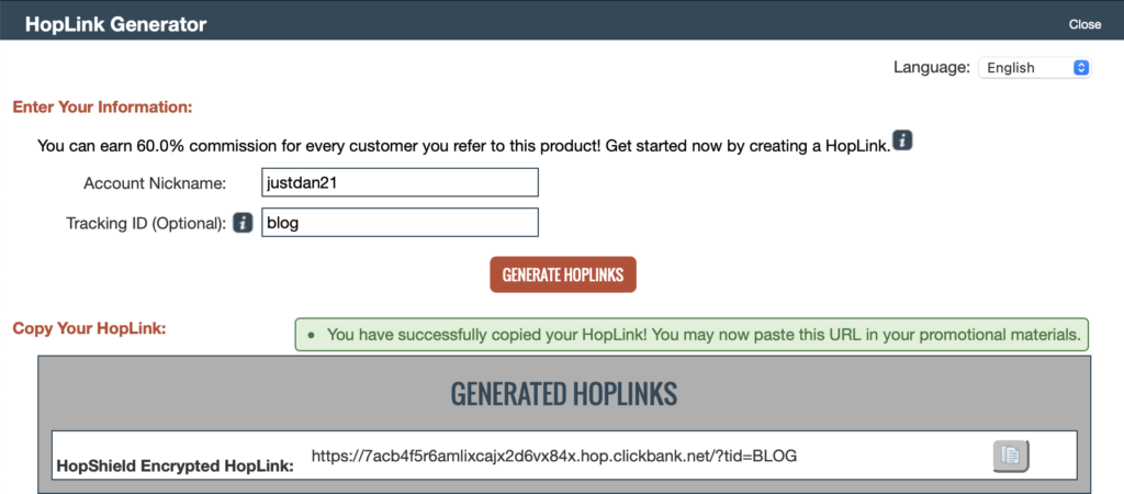 Erstellen Sie einen ClickBank-Partnerlink im HopLink-Generator