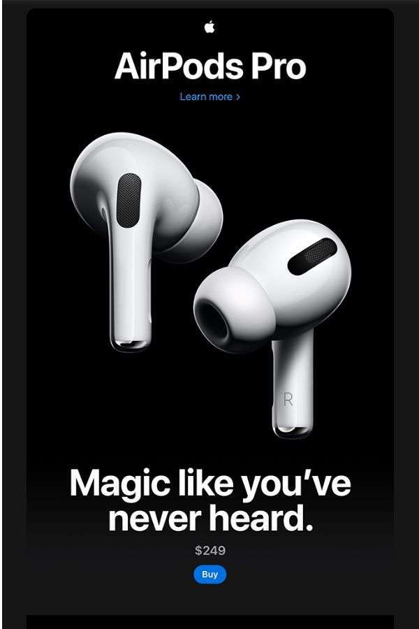 email design inspiration: product promo email campaign examples - Apple AirPod Pro 